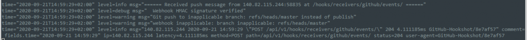 Logfile extract for an inapplicable webhook coming in